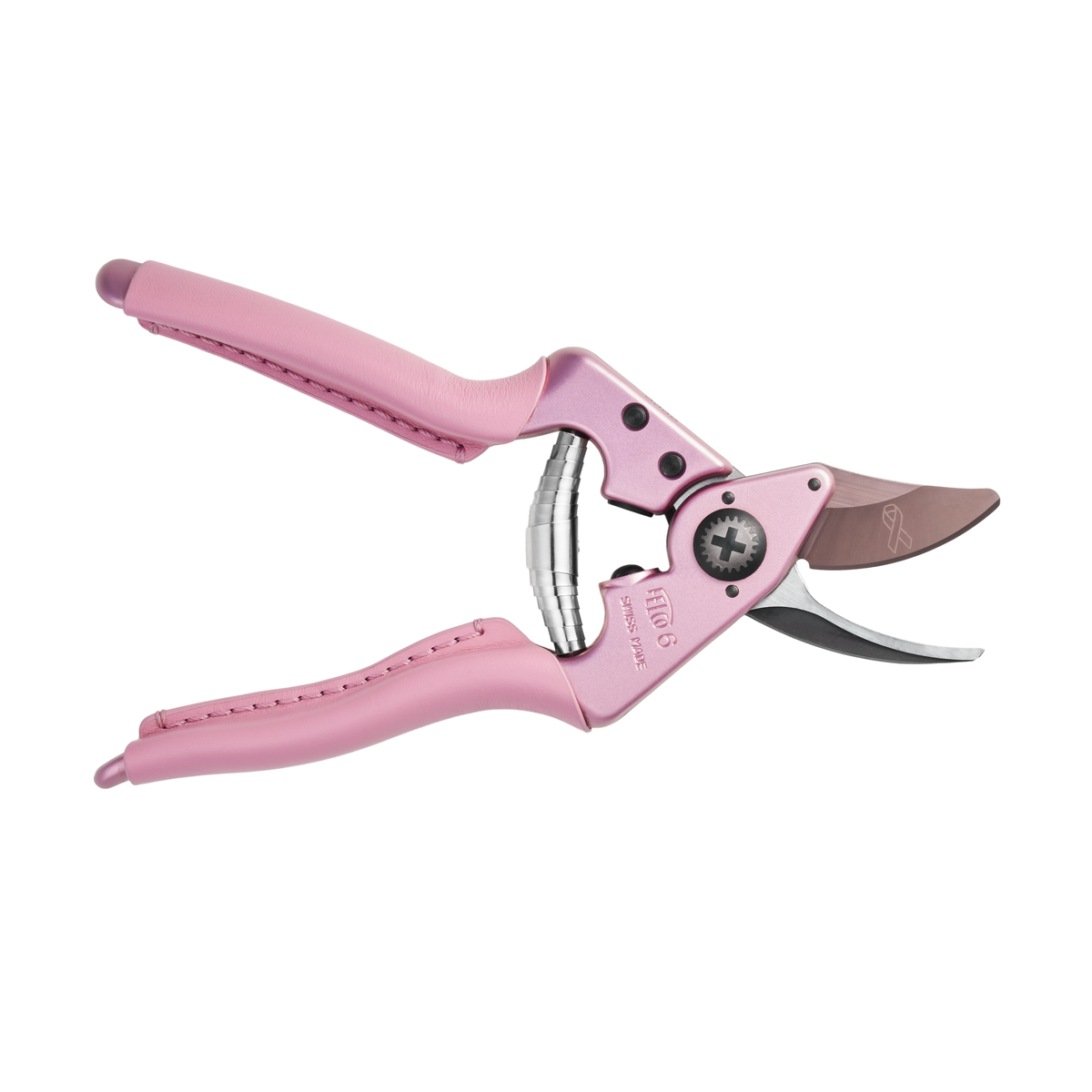 Front view of Pink Blossom FELCO 6 pruning shears, with handles pointing left and rose gold blade pointing right.